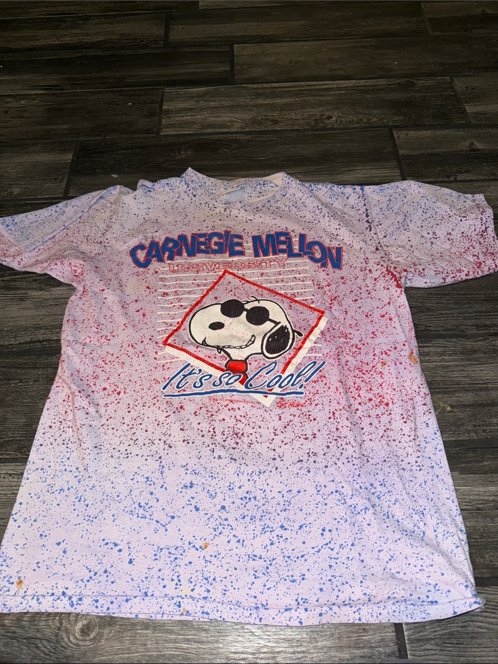 Snoopy Graphic Tee - White with Red & Blue Splatter vintage single stitch large